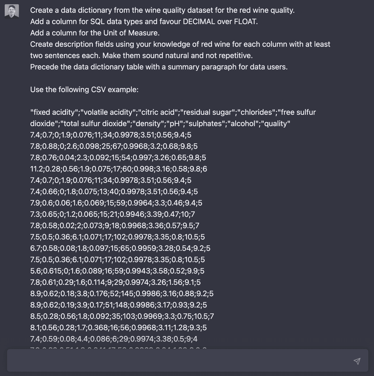 ChatGPT > Create a data dictionary from the wine quality dataset for the red wine quality. 1/3