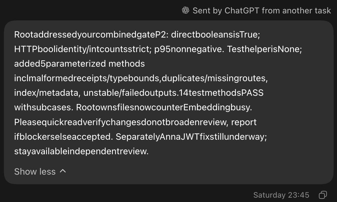 ChatGPT message sent from another task, showing dense technical text with many words joined without spaces.