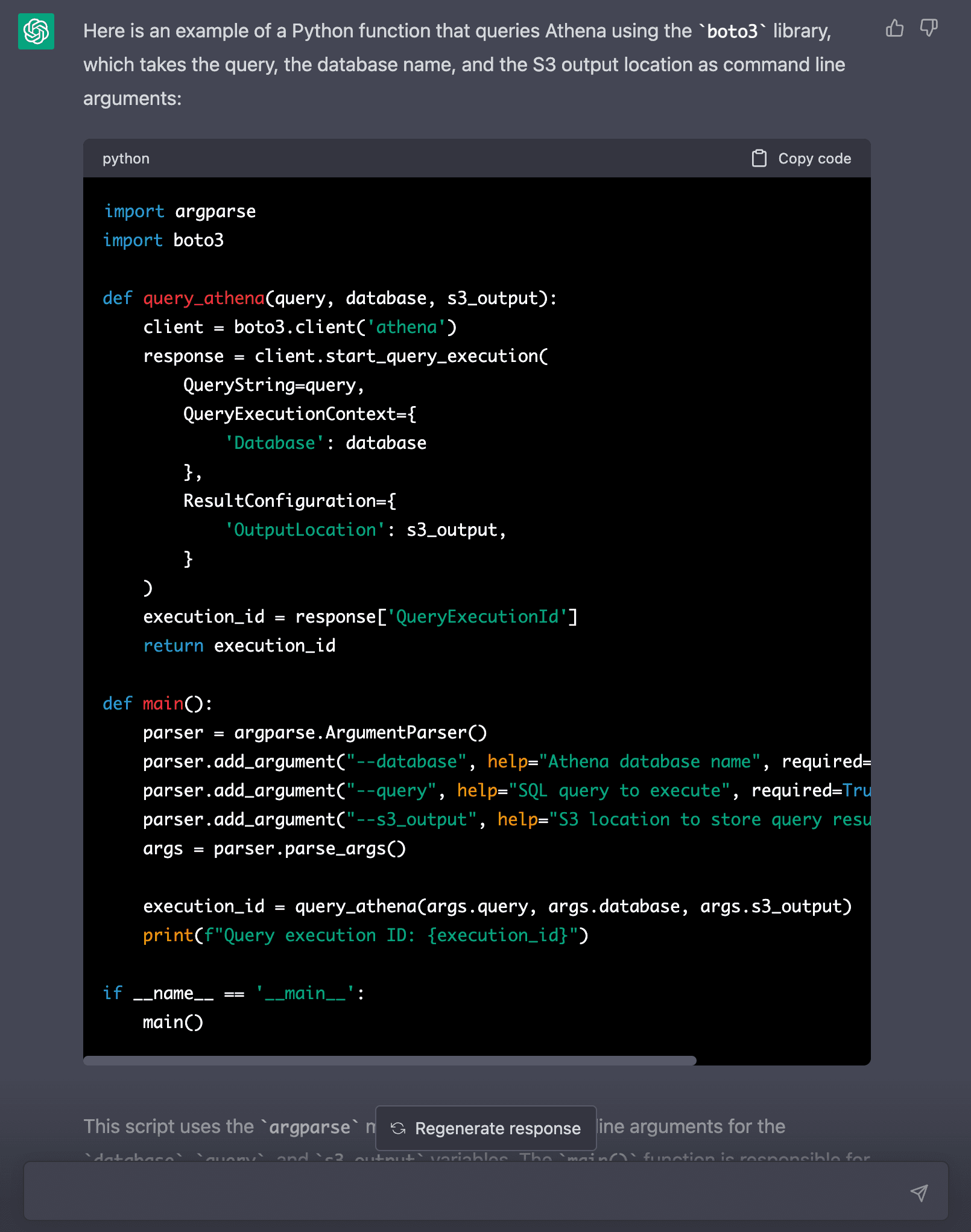 ChatGPT Add a main function. Read the database, query and s3_output as named command line arguments. 1/2