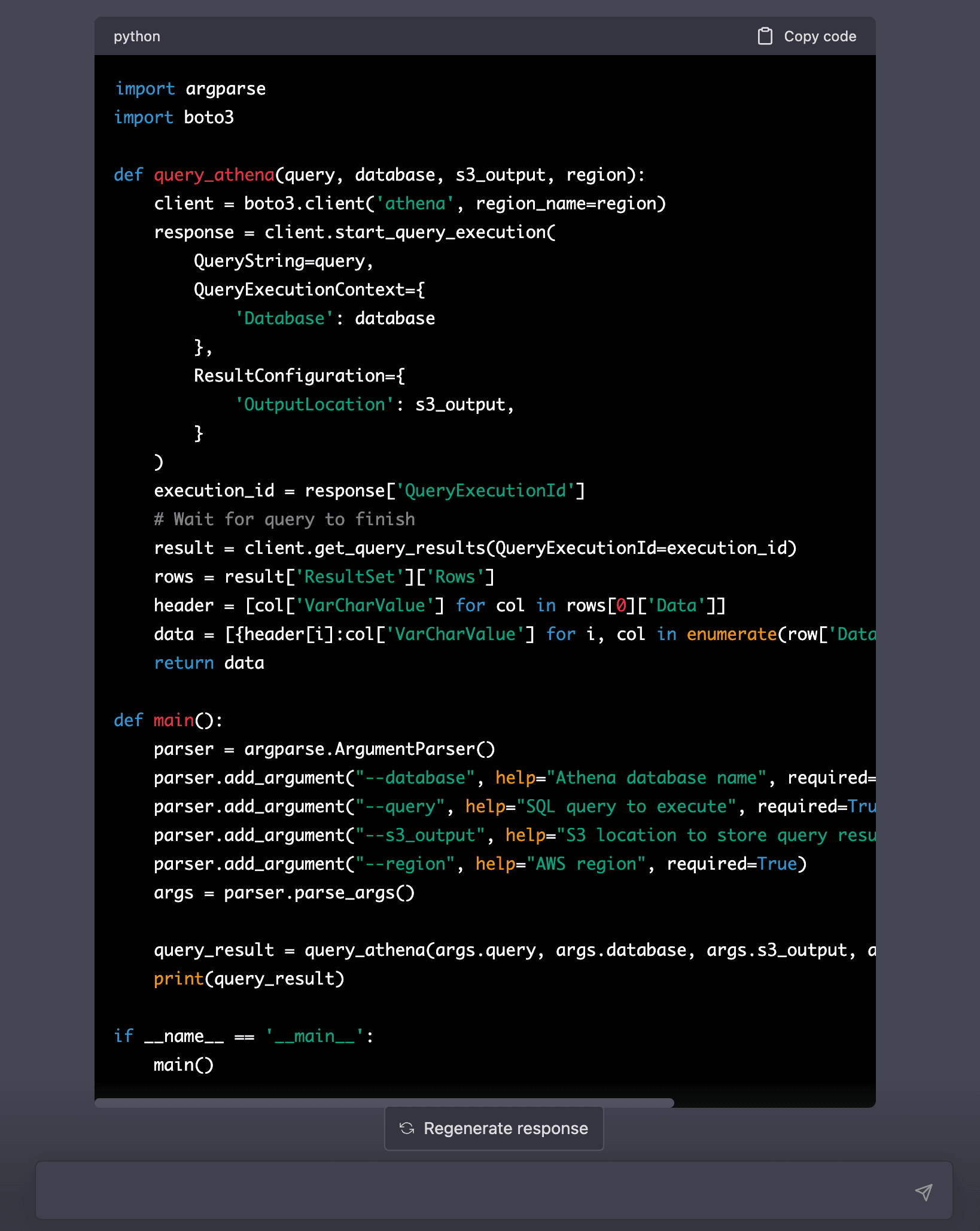 ChatGPT > Let query_athena return the query result as a dictionary and print the returned result in the main function.
