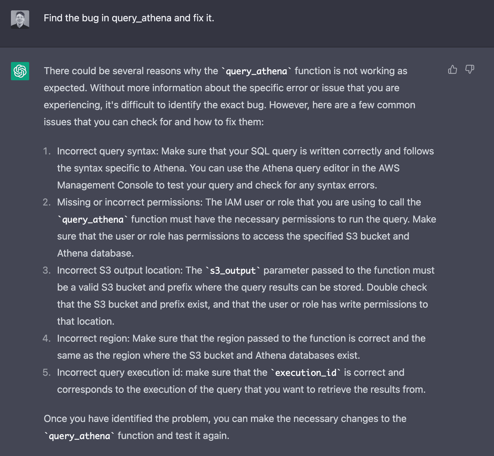 ChatGPT > Find the bug in query_athena and fix it.