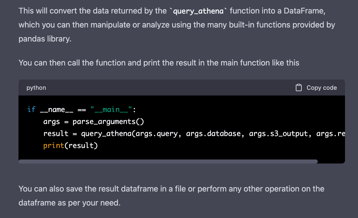 ChatGPT > Convert the query result in query_athena into a dataframe instead of a dictionary. (main function)