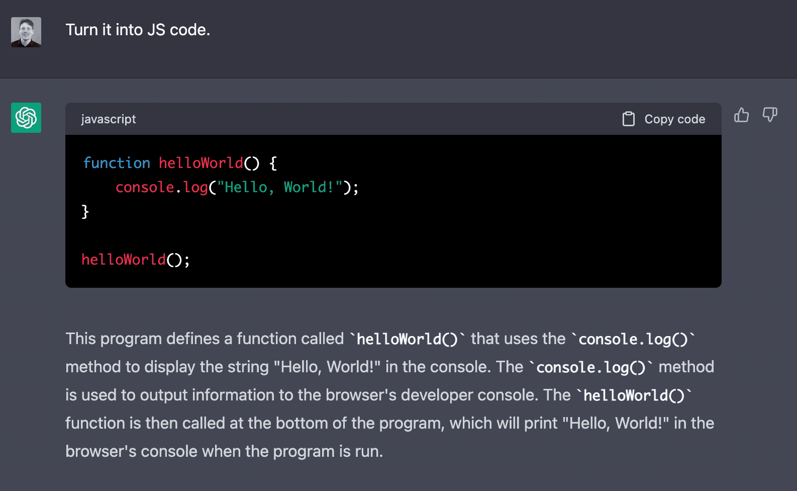 ChatGPT > Turn it into JS code.