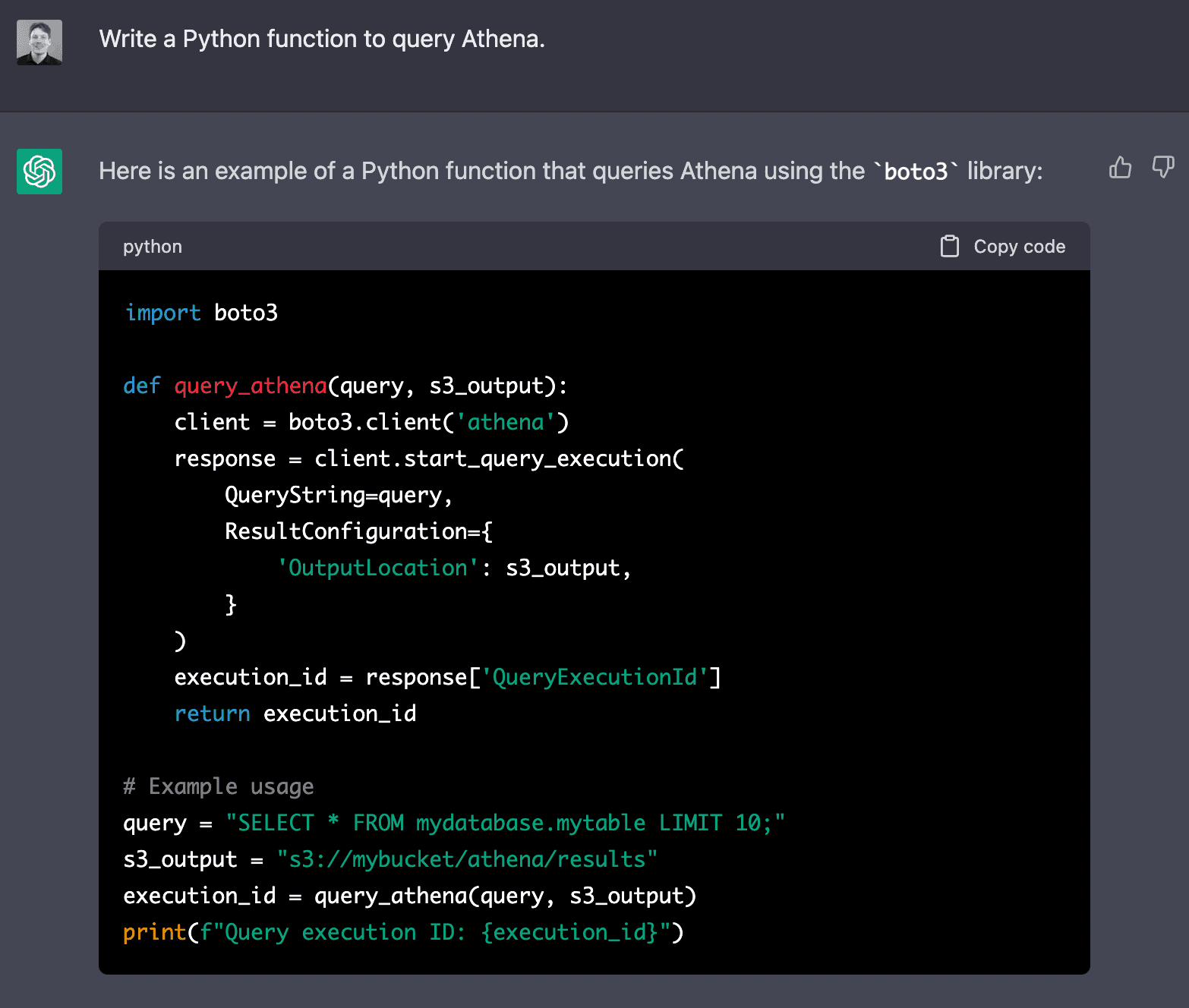 ChatGPT > Write a Python function to query Athena.