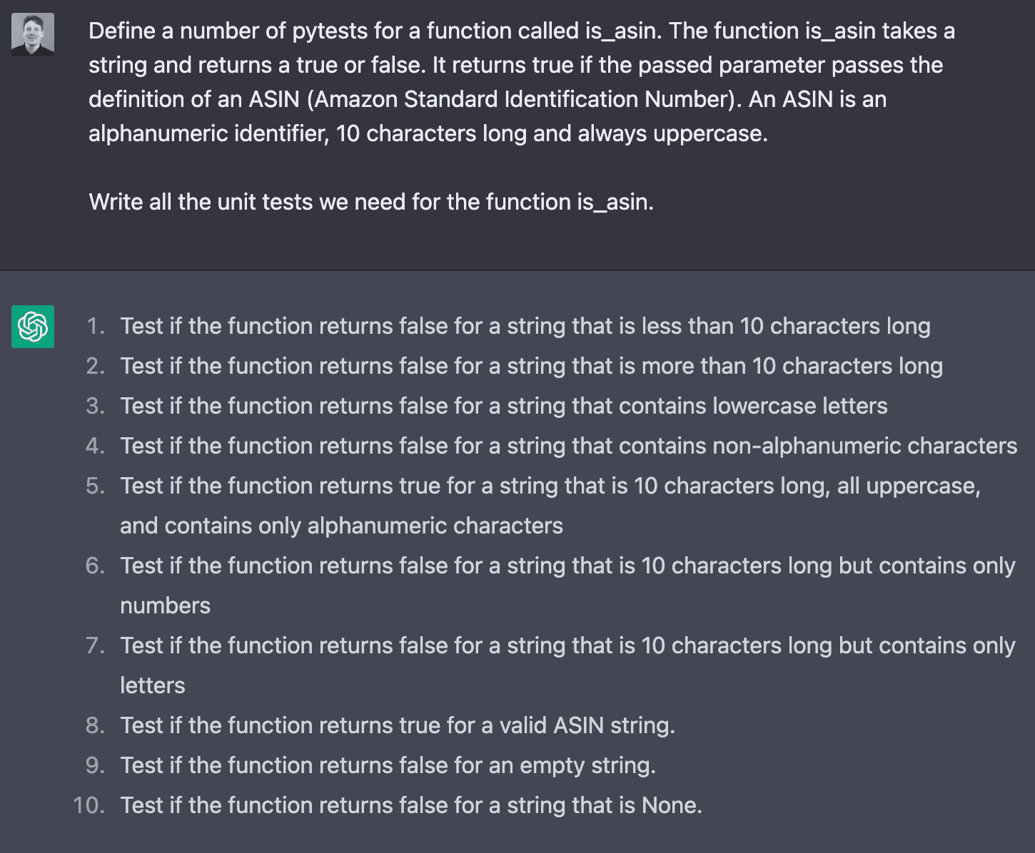 ChatGPT > Define a number of pytests for a function called is_asin