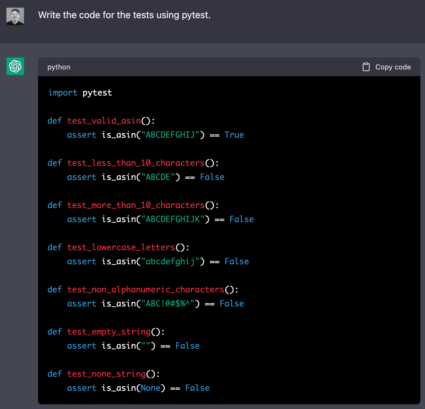 ChatGPT > Write the code for the tests using pytest.