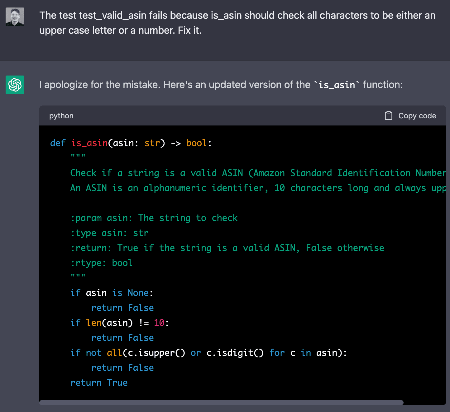 ChatGPT > The test test_valid_asin fails because is_asin should check all characters to be either an upper case letter or a number. Fix it.